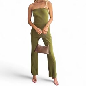 Green Pleated Matching Tube Top And Wide Leg Pants 2PC Set